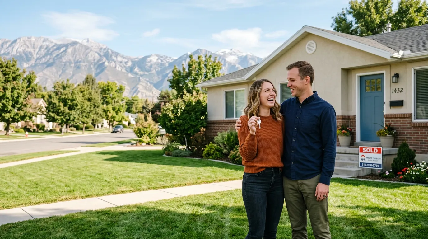 A couple celebrating with keys outside their new Utah home